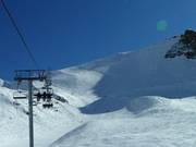 Fée 5 führt als Buckelpiste in Falllinie zwischen den Felsen und der präparierten Piste hinab